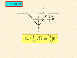 2
θ
h
δh
If V- Notch
2
5
H
2
θ
tan
g
2
15
8
Qth 









 
