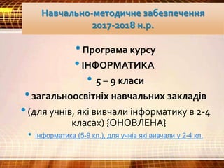 Навчально-методичне забезпечення
2017-2018 н.р.
•Програма курсу
•ІНФОРМАТИКА
• 5 – 9 класи
•загальноосвітніх навчальних закладів
•(для учнів, які вивчали інформатику в 2-4
класах) {ОНОВЛЕНА}
• Інформатика (5-9 кл.), для учнів які вивчали у 2-4 кл.
 