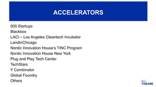 ACCELERATORS
500 Startups
Blackbox
LACI – Los Angeles Cleantech Incubator
LandInChicago
Nordic Innovation House’s TINC Program
Nordic Innovation House New York
Plug and Play Tech Center
TechStars
Y Combinator
Global Foundry
Others
 