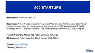 Headquarter Mountain View, CA
Description 4-month seed programs in Mountain View and San Francisco and other foreign
locations. It does seed and early stage venture investments. 500 Startups invest $150K in
exchange for 6%. They also charge $37.5K fee for participation in the 500 Seed Program.
Finnish Company Alumni Top Hatch, Usetrace, YOU App
Other Alumni Twilio, MakerBot, Credit Karma, Grab, Udemy
Website https://500.com
Twitter @500Startups
500 STARTUPS
 