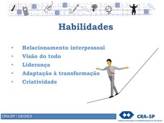 Habilidades
• Relacionamento interpessoal
• Visão do todo
• Liderança
• Adaptação à transformação
• Criatividade e inovação
CRA/SP / GEGIES
 