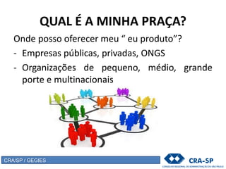 QUAL É A MINHA PRAÇA?
Onde posso oferecer meu “ eu produto”?
- Empresas públicas, privadas, ONGS
- Organizações de pequeno, médio, grande
porte e multinacionais
CRA/SP / GEGIES
 