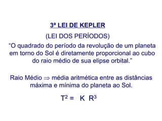 3ª LEI DE KEPLER
(LEI DOS PERÍODOS)
“O quadrado do período da revolução de um planeta
em torno do Sol é diretamente proporcional ao cubo
do raio médio de sua elipse orbital.”
Raio Médio  média aritmética entre as distâncias
máxima e mínima do planeta ao Sol.
T2 = K R3
FÍSICA, Série 1º ANO
Tópico – LEIS DE KEPLER
 