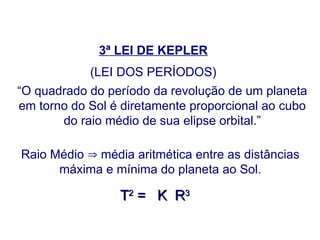 3ª LEI DE KEPLER
(LEI DOS PERÍODOS)
“O quadrado do período da revolução de um planeta
em torno do Sol é diretamente proporcional ao cubo
do raio médio de sua elipse orbital.”
Raio Médio  média aritmética entre as distâncias
máxima e mínima do planeta ao Sol.
T
T2
2
= K R
= K R3
3
FÍSICA, Série 1º ANO
Tópico – LEIS DE KEPLER
 