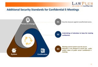 10
Additional Security Standards for Confidential E-Meetings
01 Security measures against unauthorized access.
02
Undertakings of attendees to keep the meeting
confidential.
03
CertificationSystem
Person in Charge
Meeting control system must be secure.
Attendee is not allowed to record any audio
and/or video of public sector confidential e-
meeting.
 