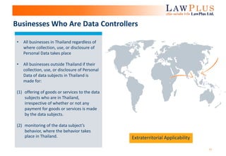 17
Businesses Who Are Data Controllers
• All businesses in Thailand regardless of
where collection, use, or disclosure of
Personal Data takes place
• All businesses outside Thailand if their
collection, use, or disclosure of Personal
Data of data subjects in Thailand is
made for:
(1) offering of goods or services to the data
subjects who are in Thailand,
irrespective of whether or not any
payment for goods or services is made
by the data subjects.
(2) monitoring of the data subject’s
behavior, where the behavior takes
place in Thailand. Extraterritorial Applicability
 