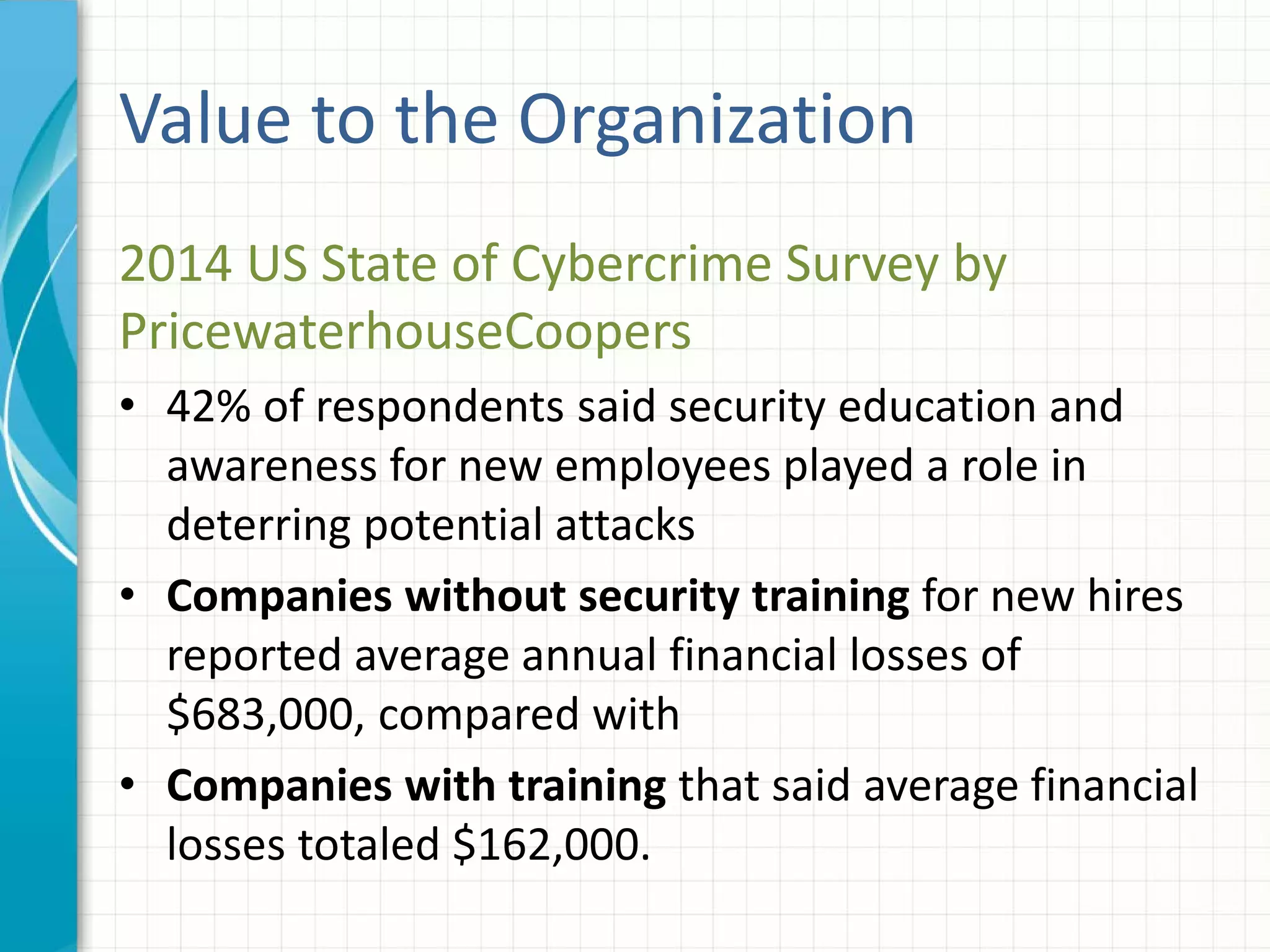 Value to the Organization
2014 US State of Cybercrime Survey by
PricewaterhouseCoopers
• 42% of respondents said security education and
awareness for new employees played a role in
deterring potential attacks
• Companies without security training for new hires
reported average annual financial losses of
$683,000, compared with
• Companies with training that said average financial
losses totaled $162,000.
 