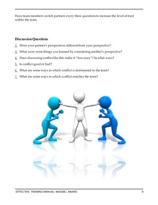 EFFECTIVE TRAINING MANUAL- MASSIEL AMARO 9
Have team members switch partners every three questions to increase the level of trust
within the team.
DiscussionQuestions
2. Were your partner’s perspectives different from your perspective?
3. What were some things you learned by considering another’s perspective?
4. Does discussing conflict like this make it “less scary”? In what ways?
5. Is conflict good or bad?
6. What are some ways in which conflict is detrimental to the team?
7. What are some ways in which conflict enriches the team?
 