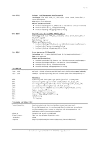 Page 5 (5)
Sundara Ramaiah Knight. +91-9841682544 / +91-7845709922 knight_sr@yahoo.com
2004 -2005 Prospect Lead Management–Confluence,USA
Technology: J2EE, Java, HTML/CSS, JavaScripts, Eclipse, Oracle, Spring, EJB2.0
Struts,WebLogic6.0
Role: Application Developer
Mission and Achievement:
 Involved in Coding of Java,JSP,Servlets in Presentation services framework.
 Involved in Unit Testing, Integration Testing
 Involved in Coding, Debugging and Error fixing.
2003 -2003 Short Messaging Service(SMS) –MHD LLC,Oman
Technology: J2EE, Java, HTML/CSS, JavaScripts, Eclipse, Oracle, Spring, EJB2.0
Struts,WebLogic6.0
Role: Software Engineer
Mission and Achievement:
 Involved in Coding of JSP, Servlets and EJB in Business services framework.
 Involved in Unit Testing, Integration Testing
 Involved in Coding, Debugging and Error fixing.
2001 -2002 Prime Mercantile-ITCC,Dubai,UAE
Technology: JDK1.3, Swing,JDBC,EJB,Oracle 8i,XML,JavaHelp,Weblogic6.1.
Role: Java Developer
Mission and Achievement:
 Involved in Coding of JSP, Servlets and EJB in Business services framework.
 Involved in Coding of Swings in Presentation serviceframework.
 Involved in Unit Testing, Integration Testing
 Involved in Coding, Debugging and Error fixing.
EDUCATION
1996 - 1999 Madurai Kamaraj University–Master of Business Administration(MBA-Systems)
1991 - 1996 Dr.M.G.R.Engineering College, Madras University-Bachelorof Engineering B.E
Certificates
2006
2001
Sun Java System Identity Manager (SJSIDM) From Sun Micro Systems.
AdministeringWeb Logic Server 6.0 Certificatefrom BEA, Dubai,UAE.
2001 Java Programming Level-2 from Business & Technology Centre, Dubai,UAE
1999 Java Educational TrainingfromTata Info Tech, Chennai.
1997 Advanced Diploma in RDBMS Educational TrainingfromMMCC, Chennai.
2006 Python Educational Training.
2005 Bankingand Financemanagement
2006 Informix4GL and Delphi2007 Training
2014 WAS Training
2014 ITIL Training.
PERSONAL INFORMATION
Personal qualities Positive,outgoing, professional and passionateto achievegoals
Enjoy challenges to new circumstances and easily adoptnew technologies
Comfortable working in groups or individual and helpingpeopleto find
dedicated and efficient solutions together
Interests Updating the Technical Knowledge.
Driver’s license Two and Four Wheeler Licenses in India
Citizenship India
Language English(Professional) and Swedish(Beginner), German(Beginner)
 