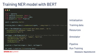 Training NER model with BERT
Initialization
Training data
Resources
Annotator
Pipeline
Run Training
 