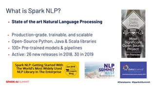 What is Spark NLP?
▪ State of the art Natural Language Processing
▪ Production-grade, trainable, and scalable
▪ Open-Source Python, Java & Scala libraries
▪ 100+ Pre-trained models & pipelines
▪ Active: 26 new releases in 2018, 30 in 2019
 