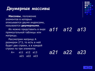 Двумерные массивы
Массивы, положение
элементов в которых
описывается двумя индексами,
называются двумерными.
Их можно представить в виде
прямоугольной таблицы или
матрицы.
Рассмотрим матрицу А
размером 2*3, то есть в ней
будет две строки, а в каждой
строке по три элемента:
A= a11 a12 a13
a21 a22 a23
a11 a12 a13
a21 a22 a23
 