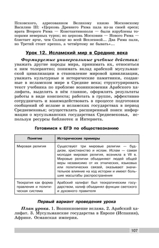 107
Псковского, адресованном Великому князю Московскому
Василию III: «Церковь Древнего Рима пала из-за своей ереси;
врата Второго Рима — Константинополя — были изрублены то-
порами неверных турок; но церковь Московии — Нового Рима —
блистает ярче, чем Солнце во всей Вселенной... Два Рима пали,
но Третий стоит крепко, а четвёртому не бывать»...
Урок 12. Исламский мир в Средние века
Формируемые универсальные учебные действия:
уважать другие народы мира, принимать их, относиться
к ним толерантно; понимать вклад арабской мусульман-
ской цивилизации в становление мировой цивилизации,
уважать культурные и исторические памятники, создан-
ные в исламском мире в Средние века; структурировать
текст учебника по проблеме возникновения Арабского ха-
лифата, выделять в нём главное, оформлять результаты
работы в виде конспекта; работать в группе, эффективно
сотрудничать и взаимодействовать в процессе подготовки
сообщений об исламе и исламских государствах в период
Средневековья; осуществлять расширенный поиск инфор-
мации о мусульманских государствах Средневековья, ис-
пользуя ресурсы библиотек и Интернета.
Готовимся к ЕГЭ по обществознанию
Понятие Исторические примеры
Мировая религия Существуют три мировые религии — буд-
дизм, христианство и ислам. Ислам — самая
молодая мировая религия, возникла в VII в.
Мировые религии объединяют людей общей
веры независимо от их этнических, языковых
или политических связей, оказывают значи-
тельное влияние на ход истории и имеют боль-
шие масштабы распространения
Теократия как форма
правления и полити-
ческая система
Арабский халифат был теократическим госу-
дарством, халиф объединял функции светского
и духовного правителя
Первый вариант проведения урока
План урока. 1. Возникновение ислама. 2. Арабский ха-
лифат. 3. Мусульманские государства в Европе (Испания),
Африке. Османская империя.
 