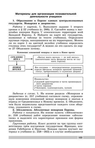 169
Материалы для организации познавательной
деятельности учащихся
1. Образование в Европе единых централизованных
государств. Монархия и дворянство.
Работа с картой. 1. Выполните задание 1 второго
уровня к § 22 учебника (с. 266). 2. Сделайте вывод о мас-
штабах империи Карла V относительно территории всей
Западной Европы. 3. Найдите на карте все государства,
названные в таблице (в тексте учебника). Определите
крупные города, находившиеся на их территориях. Можно
ли по карте 1 на цветной вклейке учебника определить
столицы этих государств? А можно ли это сделать по кар-
те 2? Объясните почему.
Изменение отношений монарха и знати в Новое время
Все сословия — непосредственные подданные
короля (феодалы потеряли прежний правовой
статус, превратившись в служилых дворян)
НОВОЕ
ВРЕМЯ
«Вассал моего вассала — не мой вассал»
(значительная часть феодалов могла не слу-
жить королю)
СРЕДНИЕ
ВЕКА
Недовольство:
✓ родовой аристократии и части провинциаль-
ного дворянства
✓ части горожан
✓ банкиров, судовладельцев, купцов
Задания к схеме. 1. На основе раздела «Монархия и
дворянство» (с. 257 учебника) составьте схему, отражаю-
щую изменения отношений между монархом и знатью в
период от Средневековья к Новому времени. 2. Объясните,
чем были недовольны представители каждого слоя обще-
ства, указанного в схеме.
2. Абсолютизм. Абсолютные монархии Европы.
Работа с понятием. На основе пункта «Абсолютизм»
(с. 258 учебника) дайте определение понятию «абсолю-
тизм» и выделите его характерные признаки как формы
правления.
Групповая работа. Класс делится на три группы соот-
ветственно трём изучаемым государствам: Франция, вла-
дения Габсбургов и Пруссия. Каждая группа изучает ма-
териал в учебнике (с. 258—262) и в случае необходимости
 
