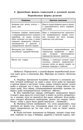 16
3. Древнейшие формы социальной и духовной жизни.
Первобытные формы религии
Название Краткое описание
Анимизм (лат. anima, animus —
душа, дух)
Вера в существование души и духов,
в одушевлённость всего окружаю-
щего мира
Тотемизм (термин заимствован
у североамериканского племени
оджибеев, на языке которых
totem означает его род, а также
название природного объекта,
находящегося в родстве с
определённой группой людей)
Вера в покровительство реального
или воображаемого предка (тоте-
ма), которым мог быть человек,
животное или растение
Фетишизм (лат. factitius —
волшебный, чудодейственный)
Поклонение неодушевлённым ма-
териальным предметам — фети-
шам, которым приписываются
сверхъестественные свойства
Магия (лат. magia) Обряды, с помощью которых люди
пытались повлиять сверхъестест-
венным путём на других людей, на
явления природы и события
Задание. Определите, о какой форме первобытной рели-
гии идёт речь в описании Дж. Фрезера из книги «Золотая
ветвь».
1. Индейцы британской Колумбии питаются в основном ры-
бой, которой изобилуют их моря и реки. Если рыба не приходит
в нужное время и наступает голод, шаман племени делает чучело
рыбы и опускает его в воду в направлении, откуда обычно при-
ходит рыба. Этот обряд, сопровождаемый молитвой, призван по-
будить рыбу незамедлительно появиться. (Магия.)
2. Все первобытные народы соблюдают запрещение будить
спящего: ведь душа его отсутствует и может не успеть возвратить-
ся, и человек, если он проснётся без души, заболеет. Если разбу-
дить спящего абсолютно необходимо, делать это следует посте-
пенно, чтобы у души было время вернуться... (Анимизм.)
3. Малайцы-патани воображают, что, если разрисовать лицо
человека во время сна, отошедшая душа его не узнает и сон
будет продолжаться до тех пор, пока с лица не смоют краску.
(Анимизм.)
4. Когда охотники, выехавшие на байдаре, находят стадо мор-
жей, сидящих на льду, и байдара, ударяясь о мелкие льдины, про-
 