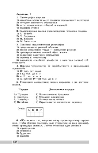 206
Вариант 2
1. Палеография изучает
1) авторство, время и место создания письменного источника
2) историю денежного обращения
3) даты исторических событий и явлений
4) значение гербов
2. Эволюционная теория происхождения человека создана
1) А. Тойнби
2) Ч. Дарвином
3) М. Блоком
4) Ф. Энгельсом
3. Признаки неолитической революции
1) существование родовой общины
2) второе разделение труда — выделение ремесла
3) преимущественно кочевой образ жизни
4) появление пахотного земледелия
5) переход к монотеизму
6) появление семейного хозяйства и зачатков частной соб-
ственности
4. Переход человечества от первобытности к цивилизации
произошёл
1) 40 тыс. лет назад
2) в IX тыс. до н. э.
3) во II тыс. до н. э.
4) на рубеже IV—III тыс. до н. э.
5. Установите соответствие между народами и их достиже-
ниями.
Народы Достижения народов
А) Шумеры
Б) Египтяне
В) Индийцы
Г) Китайцы
1) Возникновение буддизма
2) Создание клинописи
3) Изготовление шёлка
4) Строительство гигантских пирамид
Ответ:
А Б В Г
6. «Жизнь есть зло, несущее всему существующему страда-
ния. Чтобы обрести спасение, надо отказаться от всех желаний,
вести праведную жизнь». Такова основная идея религии
1) зороастризма
2) иудаизма
3) буддизма
4) ведизма
 