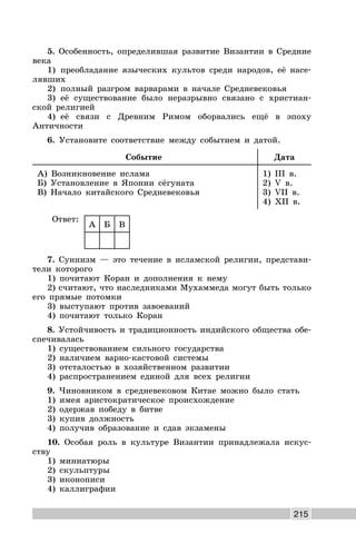 215
5. Особенность, определившая развитие Византии в Средние
века
1) преобладание языческих культов среди народов, её насе-
лявших
2) полный разгром варварами в начале Средневековья
3) её существование было неразрывно связано с христиан-
ской религией
4) её связи с Древним Римом оборвались ещё в эпоху
Античности
6. Установите соответствие между событием и датой.
Событие Дата
А) Возникновение ислама
Б) Установление в Японии сёгуната
В) Начало китайского Средневековья
1) III в.
2) V в.
3) VII в.
4) XII в.
Ответ:
А Б В
7. Суннизм — это течение в исламской религии, представи-
тели которого
1) почитают Коран и дополнения к нему
2) считают, что наследниками Мухаммеда могут быть только
его прямые потомки
3) выступают против завоеваний
4) почитают только Коран
8. Устойчивость и традиционность индийского общества обе-
спечивалась
1) существованием сильного государства
2) наличием варно-кастовой системы
3) отсталостью в хозяйственном развитии
4) распространением единой для всех религии
9. Чиновником в средневековом Китае можно было стать
1) имея аристократическое происхождение
2) одержав победу в битве
3) купив должность
4) получив образование и сдав экзамены
10. Особая роль в культуре Византии принадлежала искус-
ству
1) миниатюры
2) скульптуры
3) иконописи
4) каллиграфии
 
