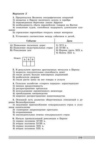 219
Вариант 2
1. Предпосылки Великих географических открытий
1) нехватка в Европе наличного золота и серебра
2) неразведанная береговая линия Африки
3) необходимость сбыта европейских товаров на Восток
4) появление судов, способных выдержать длительное пла-
вание
5) стремление европейцев открыть новые материки
2. Установите соответствие между событием и датой.
Событие Дата
А) Появление железных дорог
Б) Появление индустриальных стран
В) Революция цен
1) XVI в.
2) XVIII в.
3) Первая треть XIX в.
4) Конец XIX в.
Ответ:
А Б В
3. В результате притока драгоценных металлов в Европу
1) возросла покупательная способность денег
2) стали делать больше ювелирных украшений
3) разбогатели дворяне
4) стали расти цены на все товары и услуги
4. Сельское хозяйство «старого порядка» характеризуют
1) низкая продуктивность
2) распространение трёхполья
3) использование примитивного инвентаря
4) преобладание овощеводства
5) широкое распространение животноводства
5. Основной путь развития общественных отношений в де-
ревне Великобритании
1) медленное приспособление сеньориального строя к усло-
виям капитализма
2) «повторное закрепощение крестьян»
3) огораживания
4) законодательная отмена сеньориального строя
6. Начало промышленной революции в Европе
1) первая половина XVIII в.
2) вторая половина XVIII в.
3) первая половина XIX в.
4) вторая половина XIX в.
 