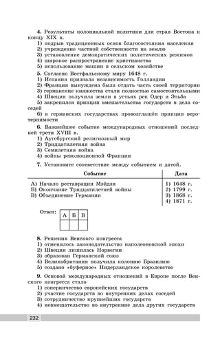 232
4. Результаты колониальной политики для стран Востока к
концу XIX в.
1) подрыв традиционных основ благосостояния населения
2) учреждение частной собственности на землю
3) установление демократических политических режимов
4) широкое распространение христианства
5) использование машин в сельском хозяйстве
5. Согласно Вестфальскому миру 1648 г.
1) Испания признала независимость Голландии
2) Франция вынуждена была отдать часть своей территории
3) германские княжества стали полностью самостоятельными
4) Швеция получила земли в устьях рек Одер и Эльба
5) закрепился принцип вмешательства государств в дела со-
седей
6) в германских государствах провозглашён принцип веро-
терпимости
6. Важнейшее событие международных отношений послед-
ней трети XVIII в.
1) Аугсбургский религиозный мир
2) Тридцатилетняя война
3) Семилетняя война
4) войны революционной Франции
7. Установите соответствие между событием и датой.
Событие Дата
А) Начало реставрации Мэйдзи
Б) Окончание Тридцатилетней войны
В) Объединение Германии
1) 1648 г.
2) 1799 г.
3) 1868 г.
4) 1871 г.
Ответ:
А Б В
8. Решения Венского конгресса
1) отменялось законодательство наполеоновской эпохи
2) Швеция лишилась Норвегии
3) образован Германский союз
4) Великобритания получила колонию Бразилию
5) создано «буферное» Нидерландское королевство
9. Основой международных отношений в Европе после Вен-
ского конгресса стало
1) соперничество европейских государств
2) участие государств во внутренних делах соседей
3) сотрудничество крупнейших государств
4) невмешательство во внутренние дела других государств
 