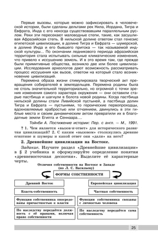 25
Первые вызовы, которые можно зафиксировать в человече-
ской истории, были сделаны дельтами рек Нила, Иордана, Тигра и
Евфрата, Инда с его некогда существовавшим параллельным рус-
лом. Реки эти пересекают маловодные степи, такие, как засушли-
вая Афразийская степь. В нильской долине ответом стал генезис
египетской цивилизации, в долине Тигра и Евфрата — шумерской,
в долине Инда и его бывшего притока — так называемой инд-
ской культуры… По окончании ледникового периода афразийская
территория стала испытывать сильные климатические изменения,
что привело к иссушению земель. И в это время там, где прежде
были примитивные общества, возникло две или более цивилиза-
ции. Исследования археологов дают возможность рассматривать
процесс иссушения как вызов, ответом на который стало возник-
новение цивилизаций.
Перемена образа жизни стимулировала творческий акт пре-
вращения собирателей в земледельцев. Перемена родины была
не столь значительной территориально, но огромной с точки зре-
ния изменения самого характера окружения — они оставили ста-
рые пастбища и шагнули в болота новой родины. Когда пастбища
нильской долины стали Ливийской пустыней, а пастбища долин
Тигра и Евфрата — пустынями, то героические первопроходцы,
вдохновляемые храбростью или отчаянием, двинулись в эти ги-
блые места и своим динамическим актом превратили их в благо-
датные земли Египта и Сеннаара….
Тойнби А. Постижение истории: Пер. с англ. — М., 1991.
? 1. Чем является «вызов-и-ответ» для исторического разви-
тия цивилизаций? 2. С каким «вызовом» столкнулись древние
египтяне и шумеры и какой ответ они «дали» на него?
2. Древнейшие цивилизации на Востоке.
Задание. Изучите раздел «Древнейшие цивилизации»
в § 2 учебника и сформулируйте определение понятия
«древневосточная деспотия». Выделите её характерные
черты.
Отличия собственности на Востоке и Западе
(по Л. С. Васильеву)
Древний Восток Европейская цивилизация
ФОРМЫ СОБСТВЕННОСТИ
Власть-собственность Частная собственность
Функции собственника опосредо-
ваны причастностью к власти
Функции собственника связаны
с личностью человека
По наследству передаётся долж-
ность с её правами, включая
право собственности
По наследству передаётся сама
собственность
 