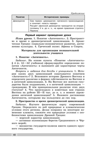 48
Понятие Исторические примеры
Демократия Сам термин «демократия» греческого происхождения
и означает «власть народа».
Расцвет афинской демократии приходится на вторую
половину V в. до н. э., на время правления стратега
Перикла
Первый вариант проведения урока
План урока. 1. Понятие «Античность». 2. Пространст-
во и время в древнегреческой цивилизации. 3. Архаи-
ческая Греция: социально-экономическое развитие, дости-
жения культуры. 4. Греческий полис: Афины и Спарта.
Материалы для организации познавательной
деятельности учащихся
1. Понятие «Античность».
Задание. На основе пункта «Понятие «Античность»
§ 4 (с. 51—52 учебника) сформулируйте определение по-
нятия «Античность» и выпишите две характерные черты
Античности.
Вопросы и задания для беседы с учащимися. 1. Исто-
рия каких двух цивилизаций охватывается понятием
«Античность»? 2. Вспомните историю Древнего Востока и
определите различия в формах собственности на Востоке и
в античной цивилизации. 3. На Востоке все жители госу-
дарства были подданными, а в античной цивилизации —
гражданами. В чём принципиальное различие этих двух
статусов? 4. Что происходило в известных вам странах
Востока на рубеже III—II тыс. до н. э. в момент зарож-
дения античной цивилизации? 5. Назовите достижения
Античности, которыми мы пользуемся до сих пор.
2. Пространство и время древнегреческой цивилизации.
Задание. Изучите физическую карту современной
Греции. Определите по ней природные и климатические
условия этого региона. Делая поправку на некоторое из-
менение климата, свяжите эти природные условия с осо-
бенностями цивилизации Древней Греции:
— морской характер цивилизации;
— активная колонизация берегов Средиземного и Чёр-
ного морей;
— множество государств-полисов вместо единого круп-
ного государства.
Продолжение
 