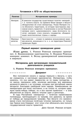 72
Готовимся к ЕГЭ по обществознанию
Понятие Исторические примеры
Империя В римском государстве существовало понятие «империй»,
т. е. полнота власти. Со времени Юлия Цезаря и Августа
обладателями её стали императоры. Позже Империя ста-
ла обозначать территорию, на которую простиралась вер-
ховная власть правителя. С включением в состав Римской
империи всего «цивилизованного» мира Античности по-
нятие «империя» стало означать государство, объединя-
ющее многочисленные страны и народы
Мировые
религии
Христианство — вторая по времени возникновения миро-
вая религия, возникшая в I в. н. э. на территории Римской
провинции Иудея
Первый вариант проведения урока
План урока. 1. Ранняя Римская империя: принци-
пат. 2. Возникновение христианства. 3. Поздняя Римская
империя: доминат. 4. Вклад древнеримской цивилизации
в мировую.
Материалы для организации познавательной
деятельности учащихся
1. Ранняя Римская империя: принципат.
Документ
Все полномочия сената и народа перешли к Августу, с него
же учредилось и настоящее единовластие. Императоры, чтобы
казалось, что они имеют первенство не по праву господства, а
по закону, присвоили себе, исключая диктатуру, все верховные
должности вместе с их титулами, которые при республике имели
авторитет благодаря свободной воле народа. Наименование же
императоров они носят постоянно, и не только те, которые одер-
жали какие-нибудь победы, но и все прочие правители — в знак
абсолютной их власти, вместо титулов царя и диктатора...
В годы Республики «император» — почётное наименование
полководца, претендующего на триумф; оно давалось на время
от победы до празднования триумфа. При Августе это наимено-
вание стало постоянным почётным титулом принцепса, но только
при Траяне (или Северах) этот титул стал обозначать всю полноту
государственной власти правителя.
Дион Кассий. Римская история.
 