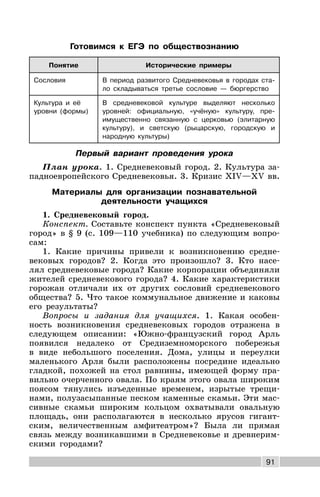 91
Готовимся к ЕГЭ по обществознанию
Понятие Исторические примеры
Сословия В период развитого Средневековья в городах ста-
ло складываться третье сословие — бюргерство
Культура и её
уровни (формы)
В средневековой культуре выделяют несколько
уровней: официальную, «учёную» культуру, пре-
имущественно связанную с церковью (элитарную
культуру), и светскую (рыцарскую, городскую и
народную культуры)
Первый вариант проведения урока
План урока. 1. Средневековый город. 2. Культура за-
падноевропейского Средневековья. 3. Кризис XIV—XV вв.
Материалы для организации познавательной
деятельности учащихся
1. Средневековый город.
Конспект. Составьте конспект пункта «Средневековый
город» в § 9 (с. 109—110 учебника) по следующим вопро-
сам:
1. Какие причины привели к возникновению средне-
вековых городов? 2. Когда это произошло? 3. Кто насе-
лял средневековые города? Какие корпорации объединяли
жителей средневекового города? 4. Какие характеристики
горожан отличали их от других сословий средневекового
общества? 5. Что такое коммунальное движение и каковы
его результаты?
Вопросы и задания для учащихся. 1. Какая особен-
ность возникновения средневековых городов отражена в
следующем описании: «Южно-французский город Арль
появился недалеко от Средиземноморского побережья
в виде небольшого поселения. Дома, улицы и переулки
маленького Арля были расположены посредине идеально
гладкой, похожей на стол равнины, имеющей форму пра-
вильно очерченного овала. По краям этого овала широким
поясом тянулись изъеденные временем, изрытые трещи-
нами, полузасыпанные песком каменные скамьи. Эти мас-
сивные скамьи широким кольцом охватывали овальную
площадь, они располагаются в несколько ярусов гигант-
ским, величественным амфитеатром»? Была ли прямая
связь между возникавшими в Средневековье и древнерим-
скими городами?
 