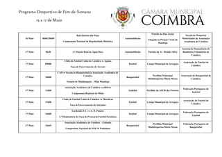 Programa Desportivo de Fim-de-Semana
15 a 17 de Maio
16 Maio 8h00/20h00
Rali Queima das Fitas
Campeonato Nacional de Regularidade Histórica
Automobilismo
Partida da Rua Larga
Chegada ao Parque Verde do
Mondego
Secção de Desportos
Motorizados da Associação
Académica de Coimbra
17 Maio 8h30 3.º Passeio Rota da Água Doce Automobilismo Partida da Av. Mendes Silva
Associação Humanitária de
Bombeiros Voluntários de
Coimbra
17 Maio 09h00
Clube de Futebol União de Coimbra vs Águias
Taça de Encerramento de Juvenis
Futebol Campo Municipal da Arregaça
Associação de Futebol de
Coimbra
17 Maio 10h00
CAD vs Secção de Basquetebol da Associação Académica de
Coimbra
Torneio de Minibasquete – Mini Mondego
Basquetebol
Pavilhão Municipal
Multidesportos Mário Mexia
Associação de Basquetebol de
Coimbra
17 Maio 11h00
Associação Académica de Coimbra vs Oleiros
Campeonato Regional de Minis
Andebol Pavilhão da ASCR dos Pereiros
Federação Portuguesa de
Andebol
17 Maio 11h00
Clube de Futebol União de Coimbra vs Marialvas
Taça de Encerramento de Iniciados
Futebol Campo Municipal da Arregaça
Associação de Futebol de
Coimbra
17 Maio 16h00
Lordemão F.C. vs A. D. Poiares
2.ª Eliminatória da Taça de Promoção Futebol Feminino
Futebol Campo Municipal da Arregaça
Federação Portuguesa de
Futebol
17 Maio 16h45
Associação Académica de Coimbra – Gafanha
Campeonato Nacional de SUB 19 Femininos
Basquetebol
Pavilhão Municipal
Multidesportos Mário Mexia
Federação Portuguesa de
Basquetebol
 