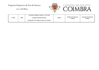 Programa Desportivo de Fim-de-Semana
15 a 17 de Maio
17 Maio 17h00
Associação Académica Coimbra vs U.D. Tocha
Campeonato Distrital de Honra
(consagração AAC subida ao Camp. Nac. Seniores)
Futebol
Estádio Universitário de
Coimbra
Associação de Futebol de
Coimbra
 