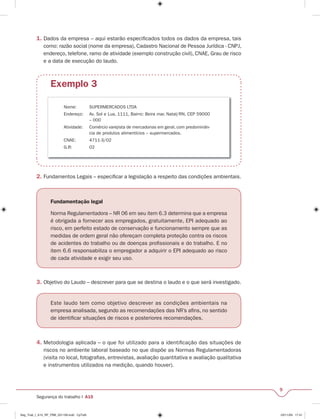9 
1. Dados da empresa – aqui estarão especifi cados todos os dados da empresa, tais 
como: razão social (nome da empresa), Cadastro Nacional de Pessoa Jurídica - CNPJ, 
endereço, telefone, ramo de atividade (exemplo construção civil), CNAE, Grau de risco 
e a data de execução do laudo. 
Exemplo 3 
Nome: SUPERMERCADOS LTDA 
Endereço: Av. Sol e Lua, 1111, Bairro: Beira mar, Natal/RN, CEP 59000 
– 000 
Atividade: Comércio varejista de mercadorias em geral, com predominân-cia 
2. Fundamentos Legais – especifi car a legislação a respeito das condições ambientais. 
Fundamentação legal 
Norma Regulamentadora – NR 06 em seu item 6.3 determina que a empresa 
é obrigada a fornecer aos empregados, gratuitamente, EPI adequado ao 
risco, em perfeito estado de conservação e funcionamento sempre que as 
medidas de ordem geral não ofereçam completa proteção contra os riscos 
de acidentes do trabalho ou de doenças profi ssionais e do trabalho. E no 
item 6.6 responsabiliza o empregador a adquirir o EPI adequado ao risco 
de cada atividade e exigir seu uso. 
3. Objetivo do Laudo – descrever para que se destina o laudo e o que será investigado. 
Este laudo tem como objetivo descrever as condições ambientais na 
empresa analisada, segundo as recomendações das NR’s afi ns, no sentido 
de identifi car situações de riscos e posteriores recomendações. 
4. Metodologia aplicada – o que foi utilizado para a identifi cação das situações de 
riscos no ambiente laboral baseado no que dispõe as Normas Regulamentadoras 
(visita no local, fotografi as, entrevistas, avaliação quantitativa e avaliação qualitativa 
e instrumentos utilizados na medição, quando houver). 
Segurança do trabalho I A15 
de produtos alimentícios – supermercados. 
CNAE: 4711-3/02 
G.R: 02 
Seg_Trab_I_A15_RF_PBB_031109.indd CpTxt9 03/11/09 17:41 
 