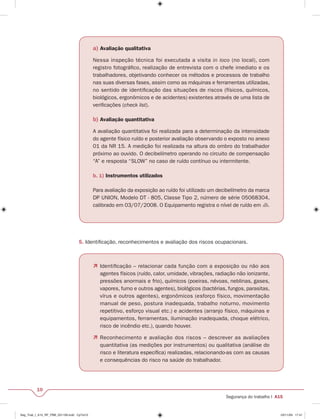 10 
a) Avaliação qualitativa 
Nessa inspeção técnica foi executada a visita in loco (no local), com 
registro fotográfi co, realização de entrevista com o chefe imediato e os 
trabalhadores, objetivando conhecer os métodos e processos de trabalho 
nas suas diversas fases, assim como as máquinas e ferramentas utilizadas, 
no sentido de identifi cação das situações de riscos (físicos, químicos, 
biológicos, ergonômicos e de acidentes) existentes através de uma lista de 
verifi cações (check list). 
b) Avaliação quantitativa 
A avaliação quantitativa foi realizada para a determinação da intensidade 
do agente físico ruído e posterior avaliação observando o exposto no anexo 
01 da NR 15. A medição foi realizada na altura do ombro do trabalhador 
próximo ao ouvido. O decibelímetro operando no circuito de compensação 
“A” e resposta “SLOW” no caso de ruído contínuo ou intermitente. 
Segurança do trabalho I A15 
b. 1) Instrumentos utilizados 
Para avaliação da exposição ao ruído foi utilizado um decibelímetro da marca 
DP UNION, Modelo DT - 805, Classe Tipo 2, número de série 05068304, 
calibrado em 03/07/2008. O Equipamento registra o nível de ruído em db. 
5. Identifi cação, reconhecimentos e avaliação dos riscos ocupacionais. 
 Identifi cação – relacionar cada função com a exposição ou não aos 
agentes físicos (ruído, calor, umidade, vibrações, radiação não ionizante, 
pressões anormais e frio), químicos (poeiras, névoas, neblinas, gases, 
vapores, fumo e outros agentes), biológicos (bactérias, fungos, parasitas, 
vírus e outros agentes), ergonômicos (esforço físico, movimentação 
manual de peso, postura inadequada, trabalho noturno, movimento 
repetitivo, esforço visual etc.) e acidentes (arranjo físico, máquinas e 
equipamentos, ferramentas, iluminação inadequada, choque elétrico, 
risco de incêndio etc.), quando houver. 
 Reconhecimento e avaliação dos riscos – descrever as avaliações 
quantitativa (as medições por instrumentos) ou qualitativa (análise do 
risco e literatura específi ca) realizadas, relacionando-as com as causas 
e consequências do risco na saúde do trabalhador. 
Seg_Trab_I_A15_RF_PBB_031109.indd CpTxt10 03/11/09 17:41 
 