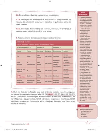 Tempo 
de exposição 
 A avaliação qualitativa 
do tempo de exposição 
ao risco é determinada 
pela Lei 3.311/89 em 
seu item 4 - ANÁLISE 
QUALITATIVA e subitem 
4.4 da seguinte forma: 
A análise do tempo 
de exposição traduz 
a quantidade de 
exposições em 
tempo (horas, 
minutos, segundos) 
a determinado risco 
operacional sem 
proteção, multiplicado 
pelo número de vezes 
que esta exposição 
ocorre ao longo da 
jornada de trabalho. 
Assim, se o trabalhador 
fi car exposto durante 5 
minutos, por exemplo, 
a vapores de amônia, 
e esta exposição se 
repete por 5 ou 6 vezes 
durante a jornada de 
trabalho, então seu 
tempo de exposição é de 
25 a 30 min./dia, o que 
traduz a eventualidade 
do fenômeno. Se, 
entretanto, ele se expõe 
ao mesmo agente 
durante 20 minutos e 
o ciclo se repete por 
15 a 20 vezes, passa a 
exposição total a contar 
com 300 a 400 min./ 
dia de trabalho, o que 
caracteriza uma situação 
de intermitência. Se, 
ainda, a exposição 
se processa durante 
quase todo ou todo o 
dia de trabalho, sem 
interrupção, diz-se 
que a exposição é de 
natureza contínua. 
Fonte: <http://www. 
trabalhoseguro.com/ 
Portarias/port_3311. 
html>. Acesso em: 15 
set. 2009. 
SESMT 
 Serviço Especializado 
em Engenharia de 
Segurança e em 
Medicina 
do Trabalho 
5 
2.2. Descrição de máquinas, equipamentos e mobiliários: 
2.2.1. Descrição das ferramentas e maquinário: 07 computadores, 01 
máquina de calcular, 03 tesouras, 04 estiletes, 01 guilhotina, resma de 
papel, canetas. 
2.2.2. Descrição do mobiliário: 10 cadeiras, 07mesas, 02 armários, 1 
bancada para a guilhotina com 1,20 m de altura. 
3. Reconhecimento de riscos existentes em cada ambiente: 
Ambiente 1: Escritório 
Função: Secretária, contador, técnico em informática, outros. 
No de empregado(s): 07 Homens: 4 Mulheres: 3 
Riscos Físicos Químicos Biológicos Ergonômicos Outros 
Tipo Ruído 
Segurança do trabalho I A15 
Não 
existe 
Não existe Posturas 
Cortes; 
Machucados. 
Fonte 
geradora 
Ar 
condicionado 
Não 
existe 
Não existe 
Mobiliário: 
cadeiras, 
mesas, 
computador 
Tesoura 
e estilete; 
Mobiliário. 
Meio de pro-pagação 
Ar 
Não 
existe 
Não existe Corpo 
Contato 
Contato 
Tempo 
de exposição 
Contínua 
Não 
existe 
Não existe Contínuo 
Contínuo 
Contínuo 
Medidas 
preventivas 
Manutenção 
periódica 
Não 
existe 
Não existe 
Mobiliário 
ajustável 
Treinamento 
Treinamento 
5. Chek list (lista de verifi cação) para cada ambiente ou setor específi co, seguindo 
as orientações estabelecidas nas NR’s: NR 04 (SESMT), NR 05 (CIPA), NR 06 (EPI), 
NR 11 (Transporte, Movimentação, Armazenamento e Manuseio de Materiais), NR 
12 (Máquinas e equipamentos), NR 15 (Atividades e operações Insalubres), NR 16 
(Atividades e Operações Perigosas) e NR 24 (Condições Sanitárias e de Conforto nos 
Locais de Trabalho). 
Seg_Trab_I_A15_RF_PBB_031109.indd CpTxt5 03/11/09 17:41 
 