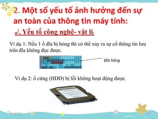 30/12/2014 12
2. Một số yếu tố ảnh hưởng đến sự
an toàn của thông tin máy tính:
a/. Yếu tố công nghệ- vật lí:
Ví dụ 1: Nếu 1 ổ đĩa bị hỏng thì có thể xảy ra sự cố thông tin lưu
trên đĩa không đọc được.
Đĩa hỏng
Ví dụ 2: ổ cứng (HDD) bị lỗi không hoạt động được.
 