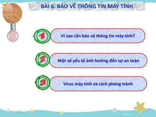 30/12/2014 4
Vì sao cần bảo vệ thông tin máy tính?
Virus máy tính và cách phòng tránh
Một số yếu tố ảnh hưởng đến sự an toàn
BÀI 6. BẢO VỀ THÔNG TIN MÁY TÍNH
 