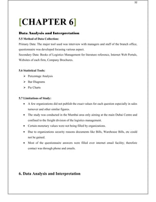 5.5 Method of Data Collection:
Primary Data: The major tool used was interview with managers and staff of the branch office,
questionnaire was developed focusing various aspect.
Secondary Data: Books of Logistics Management for literature reference, Internet Web Portals,
Websites of each firm, Company Brochures.
5.6 Statistical Tools:
 Percentage Analysis
 Bar Diagrams
 Pie Charts
5.7 Limitations of Study:
• A few organizations did not publish the exact values for each question especially in sales
turnover and other similar figures.
• The study was conducted in the Mumbai area only aiming at the main Dubai Centre and
confined to the freight division of the logistics management.
• Certain monetary values were not being filled by organizations.
• Due to organizations security reasons documents like Bills, Warehouse Bills, etc could
not be gained.
• Most of the questionnaire answers were filled over internet email facility; therefore
contact was through phone and emails.
6. Data Analysis and Interpretation
[CHAPTER 6]
Data Analysis and Interpretation
32
 