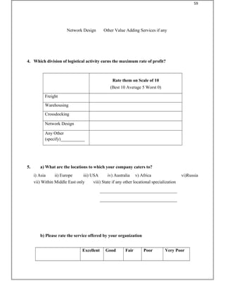 Network Design Other Value Adding Services if any
4. Which division of logistical activity earns the maximum rate of profit?
Rate them on Scale of 10
(Best 10 Average 5 Worst 0)
Freight
Warehousing
Crossdocking
Network Design
Any Other
(specify)___________
5. a) What are the locations to which your company caters to?
i) Asia ii) Europe iii) USA iv) Australia v) Africa vi)Russia
vii) Within Middle East only viii) State if any other locational specialization
___________________________________
___________________________________
b) Please rate the service offered by your organization
Excellent Good Fair Poor Very Poor
59
 