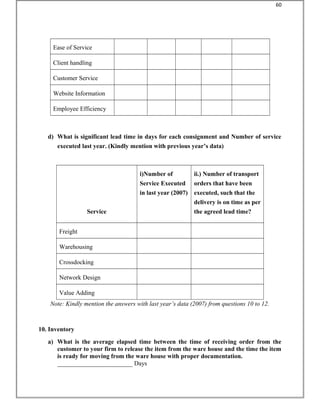 Ease of Service
Client handling
Customer Service
Website Information
Employee Efficiency
d) What is significant lead time in days for each consignment and Number of service
executed last year. (Kindly mention with previous year’s data)
Service
i)Number of
Service Executed
in last year (2007)
ii.) Number of transport
orders that have been
executed, such that the
delivery is on time as per
the agreed lead time?
Freight
Warehousing
Crossdocking
Network Design
Value Adding
Note: Kindly mention the answers with last year’s data (2007) from questions 10 to 12.
10. Inventory
a) What is the average elapsed time between the time of receiving order from the
customer to your firm to release the item from the ware house and the time the item
is ready for moving from the ware house with proper documentation.
________________________ Days
60
 