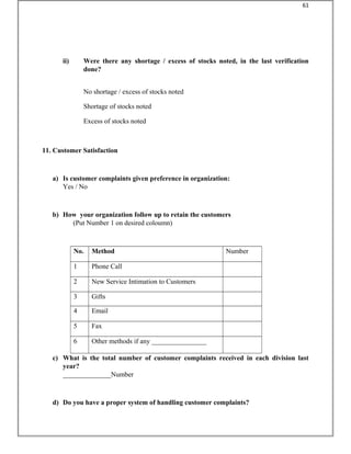 ii) Were there any shortage / excess of stocks noted, in the last verification
done?
No shortage / excess of stocks noted
Shortage of stocks noted
Excess of stocks noted
11. Customer Satisfaction
a) Is customer complaints given preference in organization:
Yes / No
b) How your organization follow up to retain the customers
(Put Number 1 on desired coloumn)
No. Method Number
1 Phone Call
2 New Service Intimation to Customers
3 Gifts
4 Email
5 Fax
6 Other methods if any ________________
c) What is the total number of customer complaints received in each division last
year?
______________Number
d) Do you have a proper system of handling customer complaints?
61
 