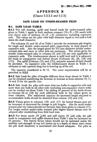IS : 2911 (Part IIX)- 1980
APPENDIX B
(Clauses5.2.3.3 and 5.2.5)
SAFE LOAD ON UNDER-REAMED PILES
B-l. SAFE LOAD TABLE
B-l.1 The safe bearing, uplift and lateral loads for under-reamed piles
given in Table 1 appiy to both medium compact (lO<N <30) sandy soils
and clayey soils of medium (4<N < 8) consistency including expansive
soils. The values are for piles with bulb diameter equal to two-and-a-half
times the shaft diameter.
The columns (3) and (4) of on Table 1 provide the minimum pile lengths
for single and double under-reamed piles, respectively, in deep deposit of
expansive soils. Also the length given for 375 mm diameter double under-
reamed piles and more in other soils are minimum. The values given for
double under-reamed piles in columns (9) and (13) are only applicable in
expansive soils. The reinforcement shown is mild steel and it is adequate
for loads in compression and lateral thrusts [Columns (8), (9), (16) and
(17)]. For uplift [Column (12) and (13)], qre uisite amount of steel should
be provided. In expansive soils, the reinforcement shown in Table 1 is
adequate to take upward drag due to heaving up of the soil.
The concrete considered is M 15. The cover requiremepts will be as
provided in 5.2.2.
B-l.2 Safe loads for piles of lengths different from those shown in Table 1
can be obtained considering the decrease or increase as from columns 10, 11,
14 and 15 for the specific case.
B-1.3 Safe loads for piles with more than two bulbs in expansive soils and
more than one bulb in all other soils (including non-expansive clayey soils)
can be worked out from Table 1 by adding 50 percent of the loads shown
in columns (8) or (12) for each additional bulb in the values given in
these columns. The additional capacity for increased length required to
accommodate bulbs should be obtained from column (10) and (14).
B-I.4 Values given in columns (16) and (17) for lateral thrusts may not
be increased or decreased for change in pile lengths. Also for multi-under
reamed piles the values should not increase than those given in column (17).
For longer and/or multi-under reamed piles higher lateral thrusts may be
adopted after establishing from field load tests.
B-l.5 For dense sandy (N
P
30)
loads in compression and
and stiff clayey (N 28) soils, the safe
25 percent.
up ift obtained from Table 1 may be increased by
The lateral thrust values should not be increased unless the
stability and strength of top soil (strata up to a depth of about three times
the pile shaft diameter) is ascertained and found adequate. For piles in
27
 