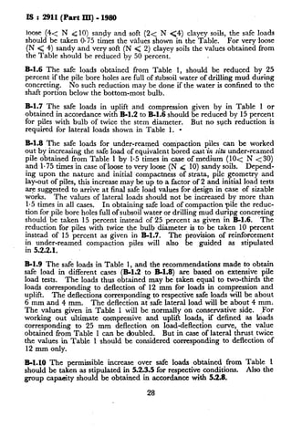 IS: 2911(PartIII)-1980
loose(4~ N ~10) sandy and soft (2~ N <4) clayey soils, the safe loads
should be taken 0.75 times the values shown in the Table. For very loose
(N < 4) sandy and very soft (N Q 2) clayey soils the values obtained from
the Table should be reduced by 50 percent.
B-I.6 The safe loads obtained from Table 1, should be reduced by 25
percent if the pile bore holes are full of subsoil water of drilling mud during
concreting. No such reduction may be done if the water is confined to the
shaft portion below the bottom-most bulb.
B-I.7 The safe loads in uplift and compression given by in Table 1 or
obtained in accordance with B-l.2 to B-l.6 should be reduced by 15 percent
for piles with bulb of twice the stem diameter. But no such reduction is
required for lateral loads shown in Table 1. -
B-1.8 The safe loads for under-reamed compaction piles can be worked
out by increasing the safe load of equivalent bored cast in situ under-reamed
pile obtained from Table 1 by 1.5 times in case of medium (10~ N < 30)
and 1.75 times in case of loose to very loose (N d 10) sandy soils. Depend-
ing upon the nature and initial compactness of strata, pile geometry and
lay-out of piles, this increase may be up to a factor of 2 and initial load tests
are suggested to arrive at final safe load values for design in case of sizable
works. The values of lateral loads should not be increased by more than
1.5 times in all cases. In obtaining safe load of compaction pile the reduc-
tion for pile bore holes full of subsoil water or drilling mud during concreting
should be taken 15 percent instead of 25 percent as given in B-1.6. The
reduction for piles with twice the bulb diameter is to be taken 10 percent
instead of 15 percent as given in B-1.7. The provision of reinforcement
in under-reamed compaction piles will also be guided as stipulated
in 5.2.2.1.
El.9 The safe loads in Table 1, and the recommendations made to obtain
safe load in different cases (B-l.2 to B-1.8) are based on extensive pile
load tests. The loads thus obtained may be taken equal to two-thirds the
loads corresponding to deflection of 12 mm for loads in compression and
uplift. The deflections corresponding to respective safe loads will be about
6 mm and 4 mm. The deflection at safe lateral load will be about 4 mm.
The values given in Table 1 will be normally on conservative side. For
working out ultimate compressive and uplift loads, if defined as Gads
corresponding to 25 mm deflection on load-deflection curve, the value
obtained from Table 1 can be doubled.. But in case of lateral thrust twice
the values in Table 1 should be considered corresponding to deflection of
12 mm only.
El.10 The permissible increase over safe loads obtained from Table 1
should be taken as stipulated in 5.2.3.5 for respective conditions. Also the
group capacity should be obtained in accordance with 5.2.8.
28
 
