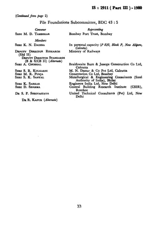 (crmtinucd from page 2)
Pile Foundations Subcommittee, BDC 43 : 5
Connener Representing
SHRI M. D. TAMBEKAR Bombay Port Trust, Bombay
Members
SHRI K. N. DADINA
DEPUTYD=CT~R RESEARCH
(SM II)
&PUTY DIRECTORSTANnARD.5
SHRIdBG:zpL II) (Al&t-W
.
SHRIS. R. KULKARNI
SHRIM. R. PUNJA
Snru S. K. SANYAL
SHR~K. SARICAR
&RI D. SHARMA
DR S. P. SHRNASTAVA
DR R. KAFVR(Alternate)
In personalcapacity (P 820, Block P, flew Al$ore,
Calcutta)
hIini%ry of Railways
BraithwaiteBum & Jessops ConstructionCo Ltd,
Calcutta
M. N. Dastur & Co Pvt Ltd. Calcutta
CementationCo Ltd, Bombaj
Metallurgical & Engineering Cons&anti (Steel
Authority of India), Bhilai
EngineersIndia Ltd, New Delhi
Cen~~r!~lding Research Institute (CSIR),
Unit$dh’echnical Consultants (Pvt) Ltd, New
33
 