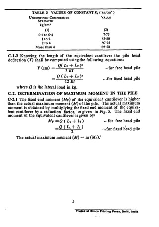 TABLE 3 VALUES OF CONSTANT K, ( Wcm’ )
uNCOk44~N~~~MPRESWVB VALUE
kg/cm’
(1) (2)
0.2 to O-4 7-75
1 to 2 48-80
2to4 9775
More than 4 195.50
C-l.3 Knowing the length of the equivalent cantilever the Dile head
deflection (Y) shall be computed using the
Y (cm) =
Q( h + LF )"
3 El
= Q ( LI + LP I3
12 El
following equations:
...for free head pile
...for fixed head pile
where Q is the lateral load in kg.
C-2. DETERMINATION OF MAXIMUM MOMENT IN THE PILE
C-2.1 The fixed end moment (Mp) of the equivalent cantilever is higher
than the actual maximum moment (M) of the pile. The actual maximum
moment is obtained by multiplying the fixed end moment of the equiva-
lent cantilever by a reduction factor, m given in Fig. 5. The fixed end
moment of the equivalent cantilever is given by:
j&=8(&+ Lr) ...for free head pile
=Q(L+Lr)
2
The actual maximum moment (M) = m (MF).'
...for fixed hkad pile
5
Pf4nWd at Slmco Printing Press. Delhi, India
_
 