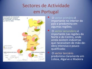 Sectores de Actividade
     em Portugal
           •    O sector primário é
               importante no interior do
               país e predomina em
               algumas regiões;
           •    O sector secundário é
               importante nas regiões do
               Norte e do Centro, onde
               ainda existem indústrias
               que necessitam de mão-de-
               obra intensiva e pouco
               qualificada;
           •    O sector terciário
               predomina claramente em
               Lisboa, Algarve e Madeira
 