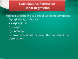 Least Squares Regression
Linear Regression
Fitting a straight line to a set of paired observations:
(x1, y1), (x2, y2),…,(xn, yn).
y = a0+ a1 x + e
a1 - slope
a0 - intercept
e - error, or residual, between the model and the
observations
 