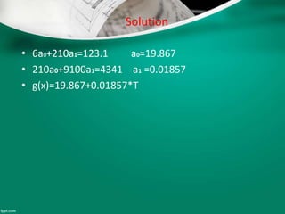 Solution
• 6a0+210a1=123.1 a0=19.867
• 210a0+9100a1=4341 a1 =0.01857
• g(x)=19.867+0.01857*T
 