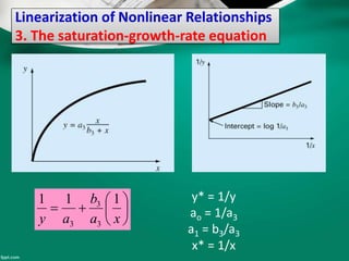 Linearization of Nonlinear Relationships
3. The saturation-growth-rate equation







xa
b
ay
111
3
3
3
y* = 1/y
ao = 1/a3
a1 = b3/a3
x* = 1/x
 