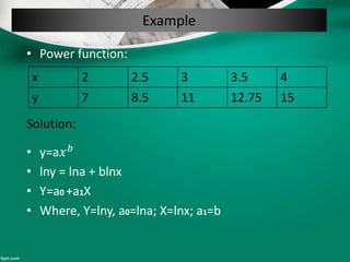 Example
• Power function:
• y=a𝑥 𝑏
• lny = lna + blnx
• Y=a0 +a1X
• Where, Y=lny, a0=lna; X=lnx; a1=b
x 2 2.5 3 3.5 4
y 7 8.5 11 12.75 15
Solution:
 
