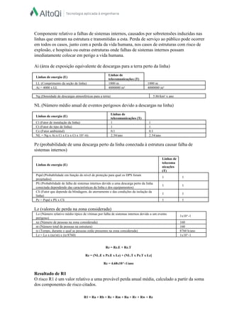  
Componente relativo a falhas de sistemas internos, causados por sobretensões induzidas nas 
linhas que entram na estrutura e transmitidas a esta. Perda de serviço ao público pode ocorrer 
em todos os casos, junto com a perda da vida humana, nos casos de estruturas com risco de 
explosão, e hospitais ou outras estruturas onde falhas de sistemas internos possam 
imediatamente colocar em perigo a vida humana.  
  
Ai (área de exposição equivalente de descargas para a terra perto da linha)  
  
Linhas de energia (E)  
Linhas de 
telecomunicações (T)  
LL (Comprimento da seção de linha)   1000 m   1000 m  
Ai = 4000 x LL   4000000 m²   4000000 m²  
 
Ng (Densidade de descargas atmosféricas para a terra)   5.86/km² x ano  
 
NL (Número médio anual de eventos perigosos devido a descargas na linha)  
  
Linhas de energia (E)  
Linhas de 
telecomunicações (T)  
Ci (Fator de instalação da linha)   1   1  
Ct (Fator do tipo de linha)   1   1  
Ce (Fator ambiental)   0.1   0.1  
NL = Ng x Ai x Ci x Ce x Ct x 10^­6)   2.34/ano   2.34/ano  
 
Pz (probabilidade de uma descarga perto da linha conectada à estrutura causar falha de 
sistemas internos)  
  
Linhas de energia (E)  
Linhas de 
telecomu
nicações 
(T)  
Pspd (Probabilidade em função do nível de proteção para qual os DPS foram 
projetados)  
1   1  
Pli (Probabilidade de falha de sistemas internos devido a uma descarga perto da linha 
conectada dependendo das características da linha e dos equipamentos)  
1   1  
Cli (Fator que depende da blindagem, do aterramento e das condições da isolação da 
linha)  
1   1  
Pz = Pspd x Pli x Cli   1   1  
 
Lz (valores de perda na zona considerada)  
Lo (Número relativo médio típico de vítimas por falha de sistemas internos devido a um evento 
perigoso)  
1x10^­1  
nz (Número de pessoas na zona considerada)   160  
nt (Número total de pessoas na estrutura)   160  
tz (Tempo, durante o qual as pessoas estão presentes na zona considerada)   8760 h/ano  
Lz = Lo x (nz/nt) x (tz/8760)   1x10^­1  
 
  
Rz = Rz.E + Rz.T  
  
Rz = (NL.E x Pz.E x Lz) + (NL.T x Pz.T x Lz]  
  
Rz = 4.68x10^­1/ano  
  
Resultado de R1  
O risco R1 é um valor relativo a uma provável perda anual média, calculado a partir da soma 
dos componentes de risco citados.  
  
  
R1 = Ra + Rb + Rc + Rm + Ru + Rv + Rw + Rz  
 