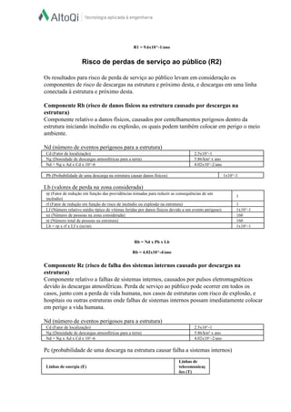  
  
R1 = 9.6x10^­1/ano  
  
Risco de perdas de serviço ao público (R2)  
  
Os resultados para risco de perda de serviço ao público levam em consideração os 
componentes de risco de descargas na estrutura e próximo desta, e descargas em uma linha 
conectada à estrutura e próximo desta.  
  
Componente Rb (risco de danos físicos na estrutura causado por descargas na 
estrutura)  
Componente relativo a danos físicos, causados por centelhamentos perigosos dentro da 
estrutura iniciando incêndio ou explosão, os quais podem também colocar em perigo o meio 
ambiente.  
  
Nd (número de eventos perigosos para a estrutura)  
Cd (Fator de localização)   2.5x10^­1  
Ng (Densidade de descargas atmosféricas para a terra)   5.86/km² x ano  
Nd = Ng x Ad x Cd x 10^­6   4.02x10^­2/ano  
 
Pb (Probabilidade de uma descarga na estrutura causar danos físicos)   1x10^­1  
 
Lb (valores de perda na zona considerada)  
rp (Fator de redução em função das providências tomadas para reduzir as consequências de um 
incêndio)  
1  
rf (Fator de redução em função do risco de incêndio ou explosão na estrutura)   1  
Lf (Número relativo médio típico de vítimas feridas por danos físicos devido a um evento perigoso)   1x10^­1  
nz (Número de pessoas na zona considerada)   160  
nt (Número total de pessoas na estrutura)   160  
Lb = rp x rf x Lf x (nz/nt)   1x10^­1  
 
  
Rb = Nd x Pb x Lb  
  
Rb = 4.02x10^­4/ano  
  
Componente Rc (risco de falha dos sistemas internos causado por descargas na 
estrutura)  
Componente relativo a falhas de sistemas internos, causados por pulsos eletromagnéticos 
devido às descargas atmosféricas. Perda de serviço ao público pode ocorrer em todos os 
casos, junto com a perda de vida humana, nos casos de estruturas com risco de explosão, e 
hospitais ou outras estruturas onde falhas de sistemas internos possam imediatamente colocar 
em perigo a vida humana.  
  
Nd (número de eventos perigosos para a estrutura)  
Cd (Fator de localização)   2.5x10^­1  
Ng (Densidade de descargas atmosféricas para a terra)   5.86/km² x ano  
Nd = Ng x Ad x Cd x 10^­6   4.02x10^­2/ano  
 
Pc (probabilidade de uma descarga na estrutura causar falha a sistemas internos)  
  
Linhas de energia (E)  
Linhas de 
telecomunicaç
ões (T)  
 