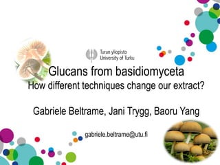 Glucans from basidiomyceta
How different techniques change our extract?
Gabriele Beltrame, Jani Trygg, Baoru Yang
gabriele.beltrame@utu.fi
 